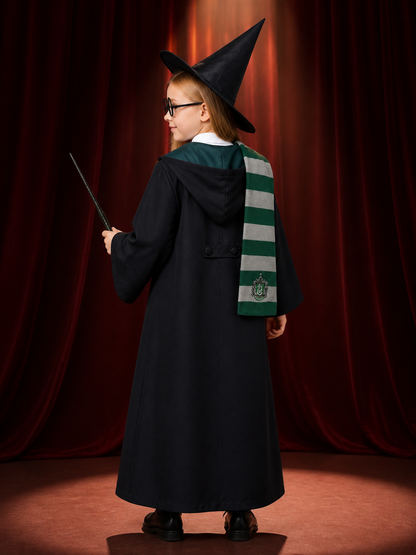 Wizard Costume Set with Robe, Hat, Scarf, Tie, Glasses, Shirt and Wand back view