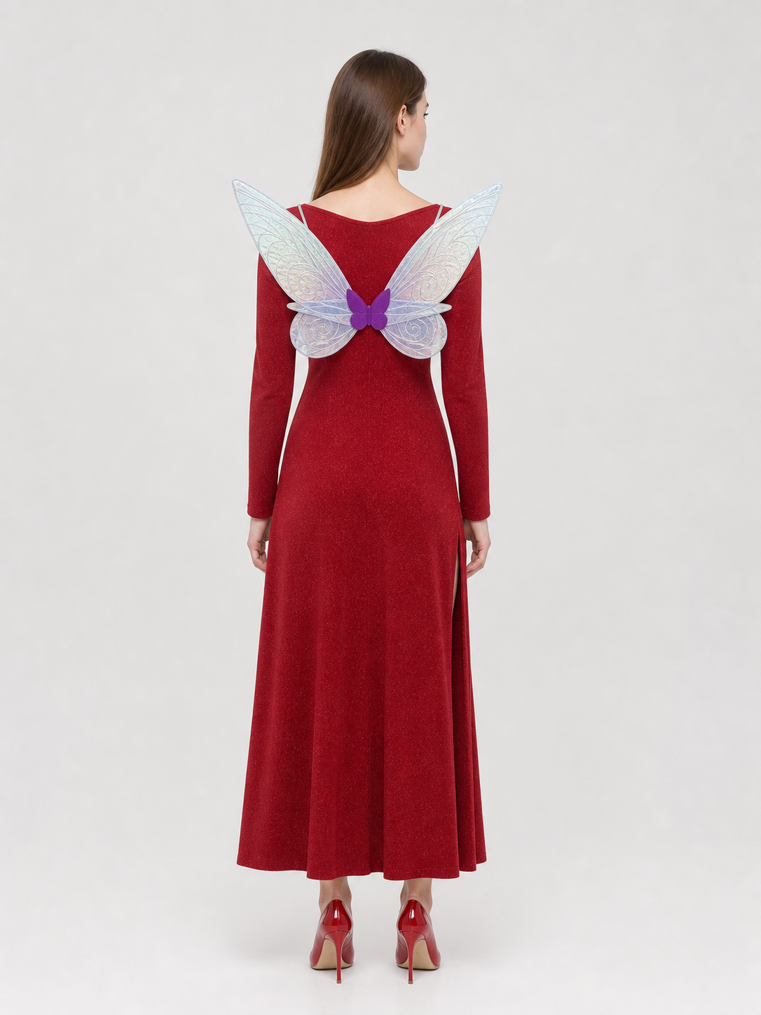 A fairy costume set inspired by a movie character, featuring a long red dress or skirt with a floor-length silhouette, long sleeves, and a straight hem with a front slit, plus accessories to complete the look: semi-transparent butterfly win