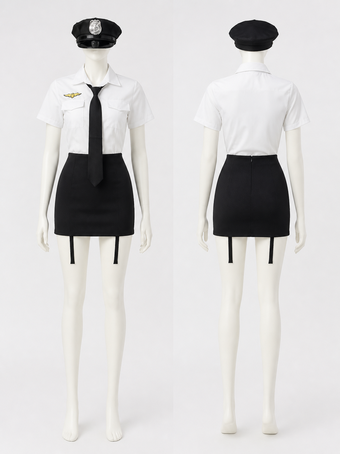 Police Officer Costume Set with White Shirt, Black Skirt, and Hat back view
