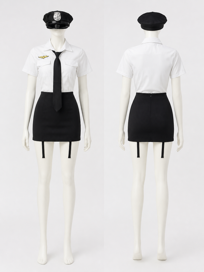 Police Officer Costume Set with White Shirt, Black Skirt, and Hat back view