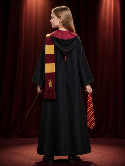 Kids Hooded Wizard Robe Costume Set, Burgundy And Yellow, With Tie And Scarf back view