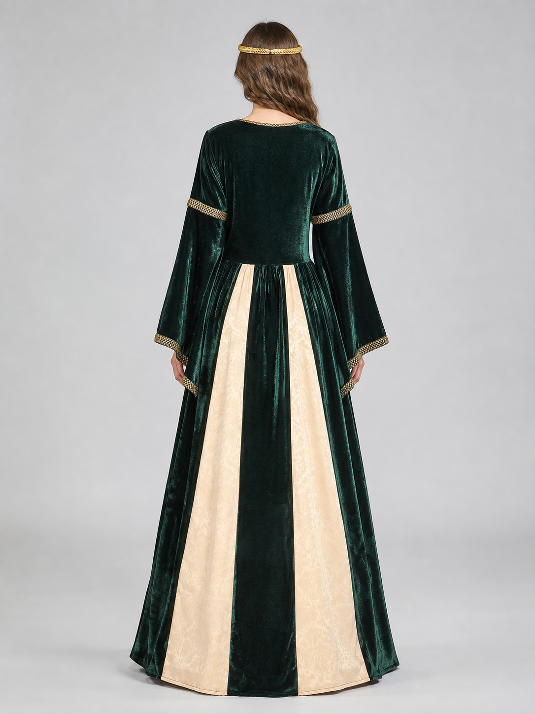 Long Gothic court-style costume dress with flared sleeves and skirt. The design combines deep green, black, cream, and gold tones. The upper section features decorative gold-tone crisscross lacing that accentuates the front. The cream inser