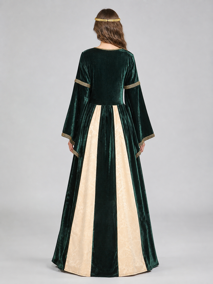 Long Gothic court-style costume dress with flared sleeves and skirt. The design combines deep green, black, cream, and gold tones. The upper section features decorative gold-tone crisscross lacing that accentuates the front. The cream inser