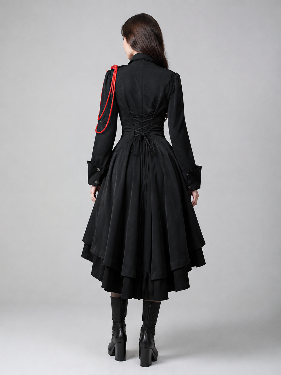 Gothic Dress with a High Collar and Lace-Up Back back view