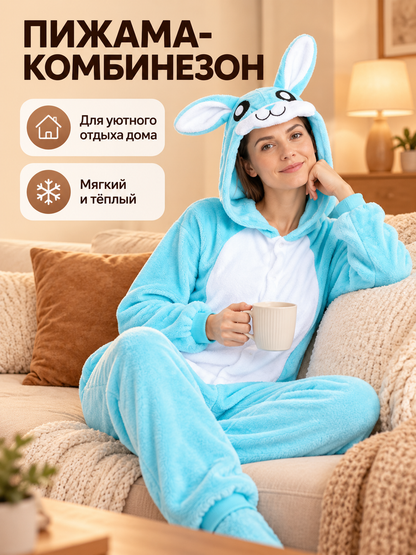 Light blue pajama jumpsuit with a hood and rabbit ears
