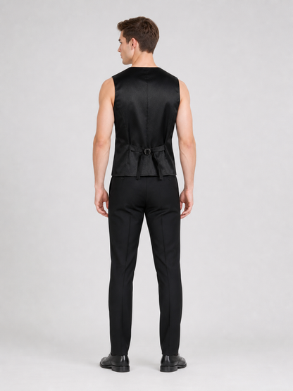 Elegant black sleeveless vest with a jacquard pattern, inspired by vintage