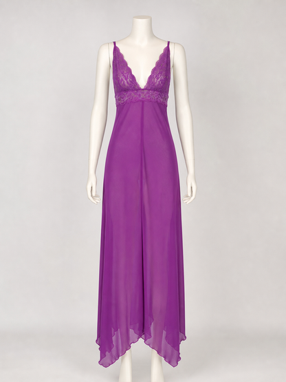 Purple Long Dress with Spaghetti Straps and Lace