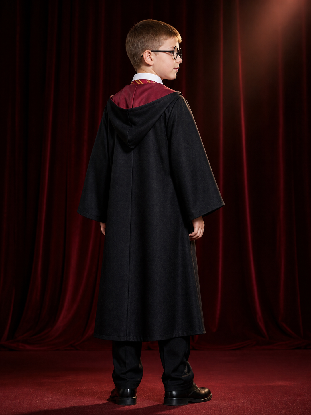Children's Wizard Costume Set, Hooded Robe, Shirt, Pants, Tie and Glasses back view