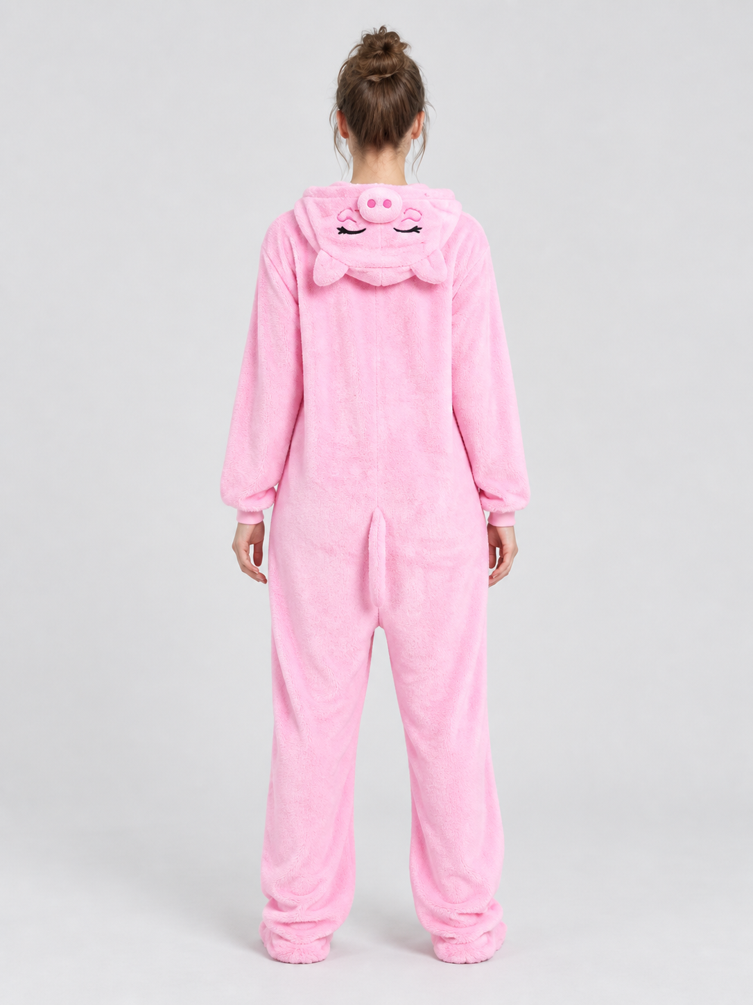 Pink pajama jumpsuit with hood and white insert