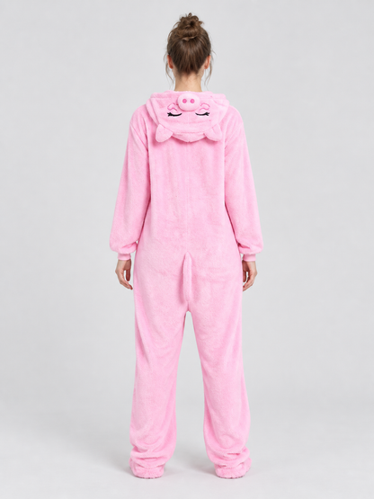 Pink pajama jumpsuit with hood and white insert