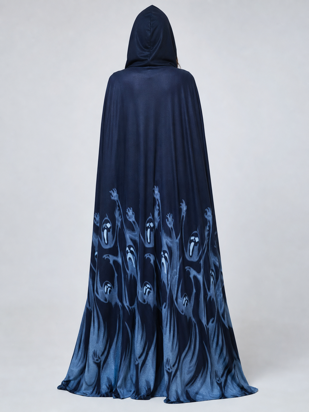 Long Black Hooded Robe with Ghost Pattern
