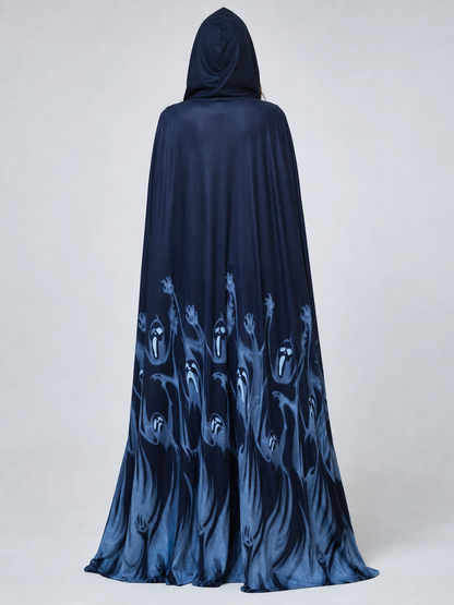 Long Black Hooded Robe with Ghost Pattern