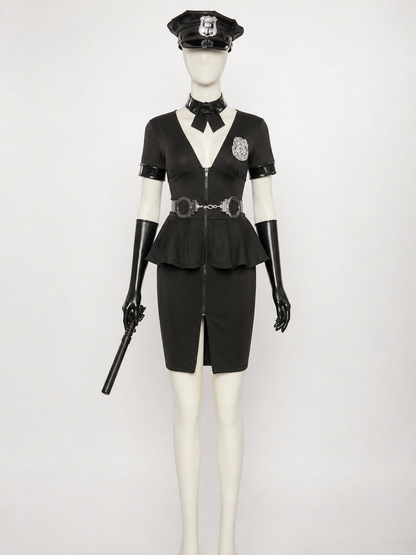 Women's Black Police Officer Halloween Costume Set with Hat, Gloves, and back view