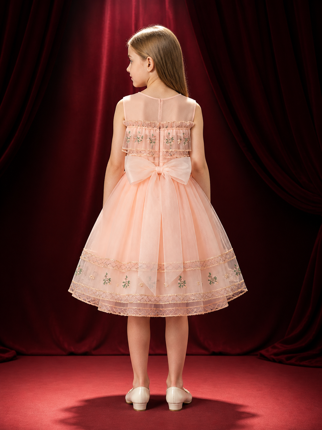 Girls' Pink Princess Party Dress with Floral Pattern and Gold Trim back view