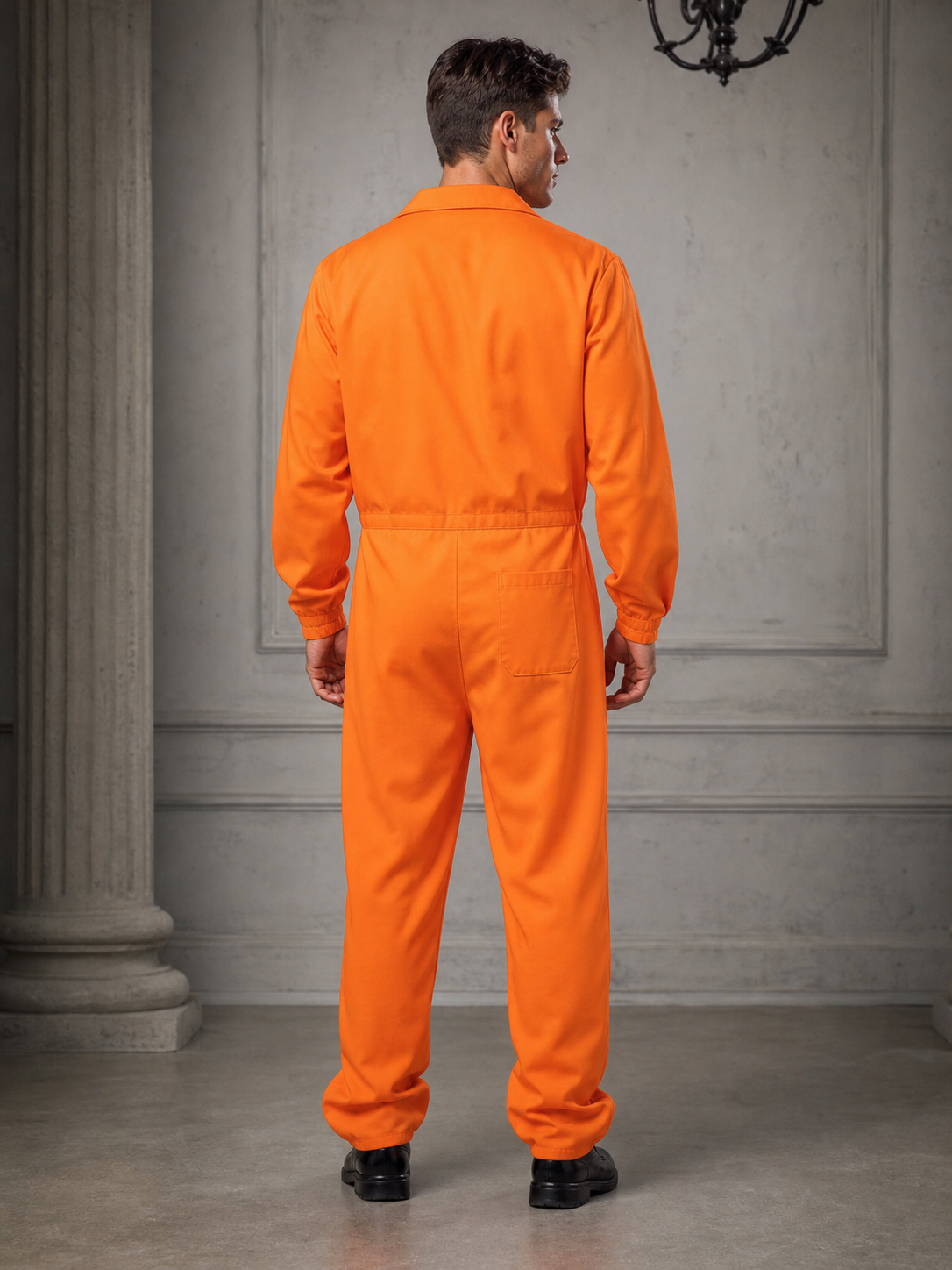 Adult Orange Prisoner-Style Costume Jumpsuit, Long Sleeve One-Piece Uniform with Pointed Collar, Front Buttons and Chest Patch for Costume Parties