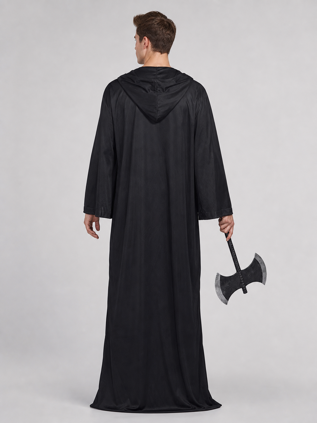 Dark fantasy costume with hood and axe back view 2