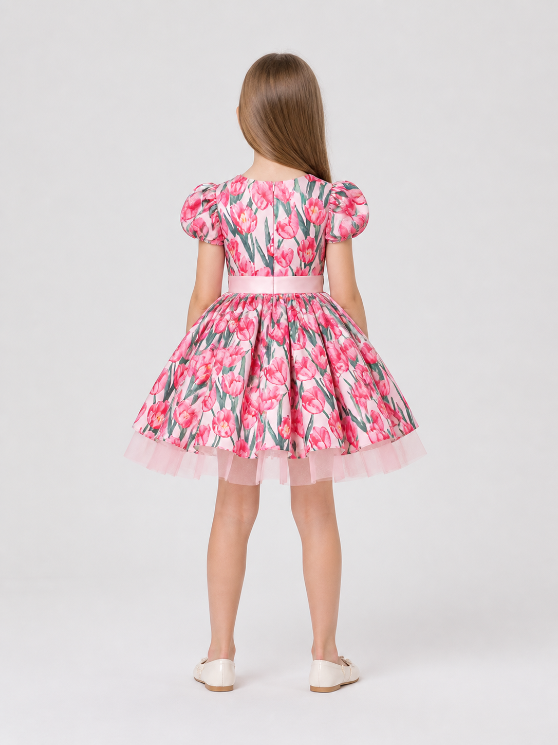 Girls' Tutu Dress with Puff Sleeves and Tulips back view