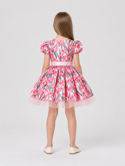 Girls' Tutu Dress with Puff Sleeves and Tulips back view