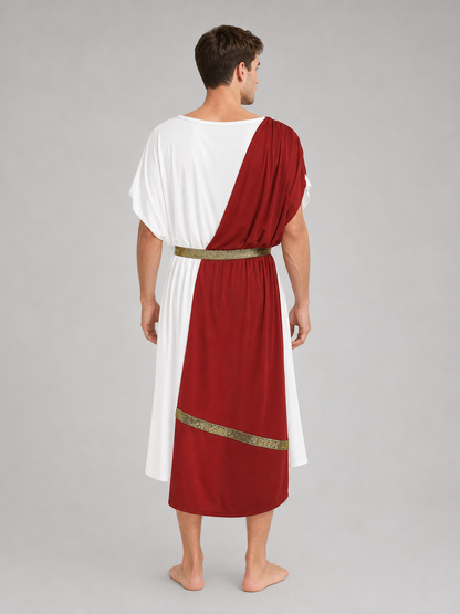 Back view of the red and white Greek toga costume with gold belt