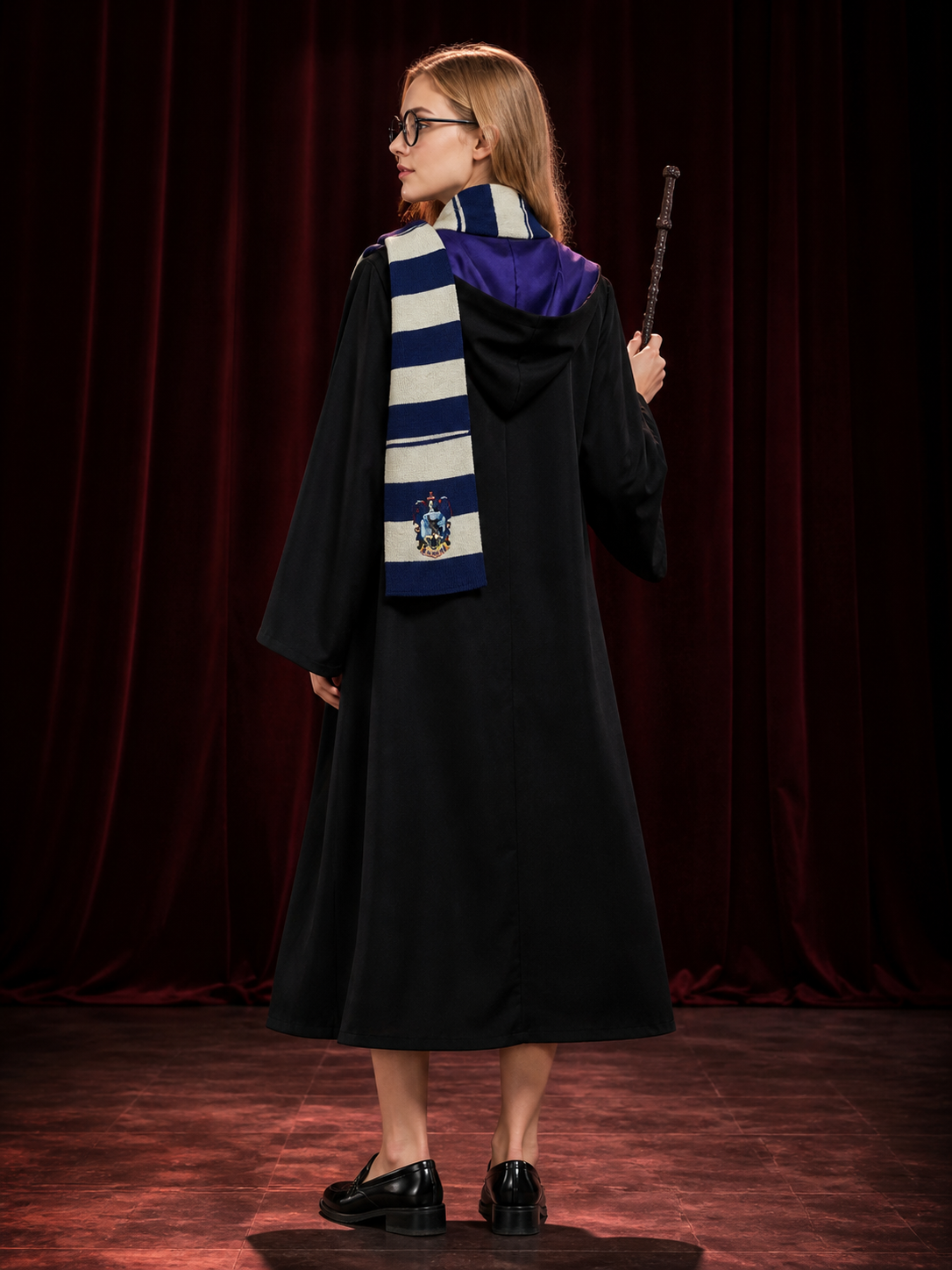 Wizard Robe Costume Set with Black Long Hooded Cloak, Purple Lining, Striped back view