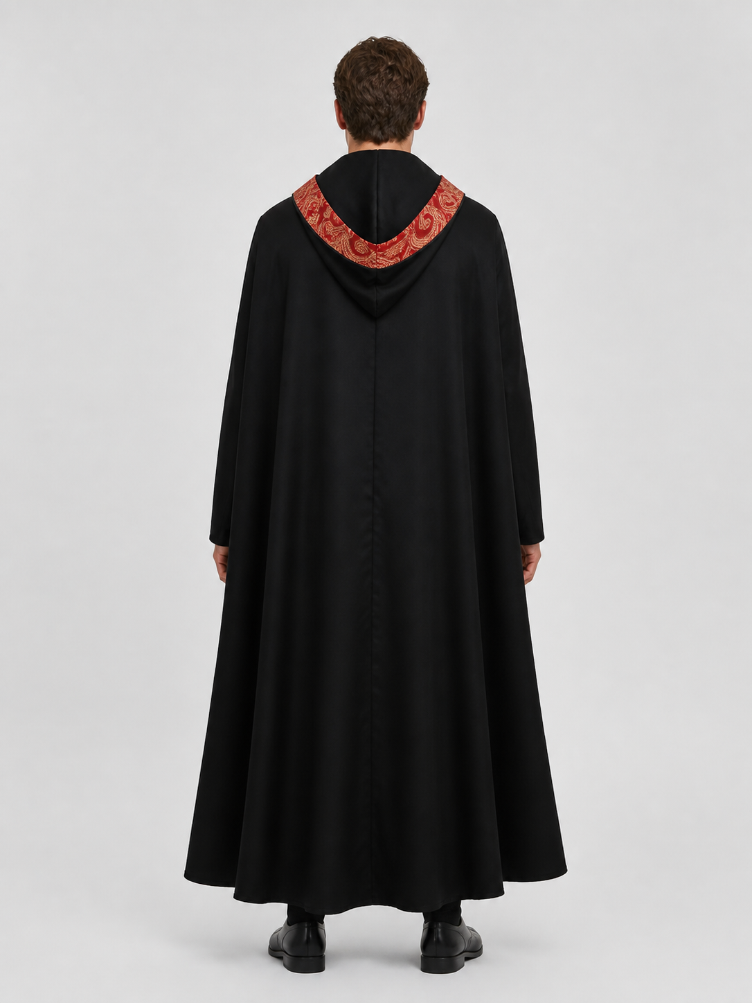 Black Gothic Hooded Cloak with Ornamental Trim back view