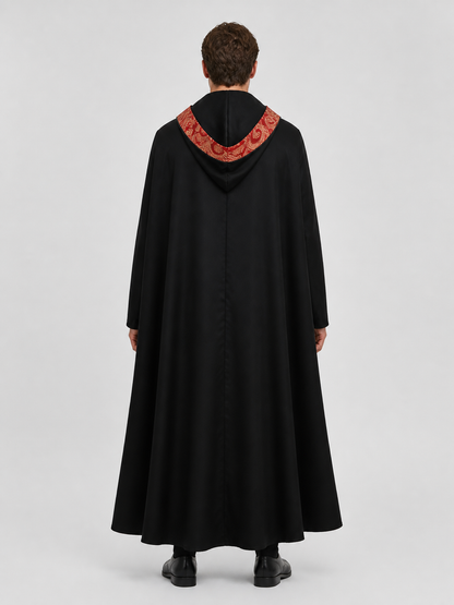 Black Gothic Hooded Cloak with Ornamental Trim back view