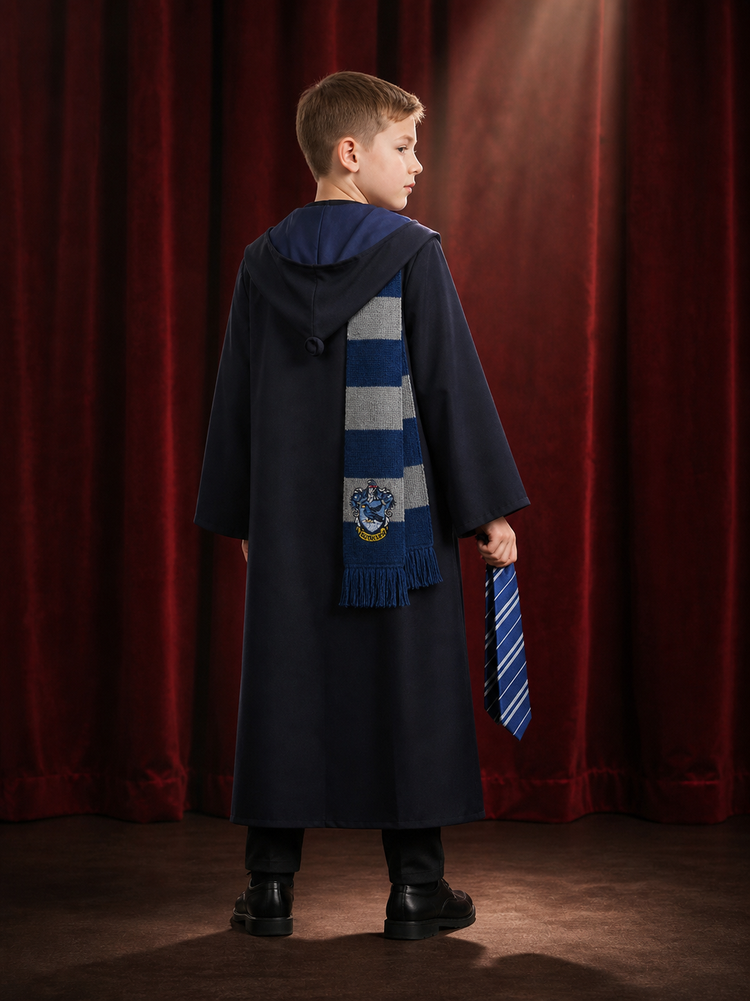 Kids Wizard Costume Set, Hooded Long Robe, Tie And Scarf back view