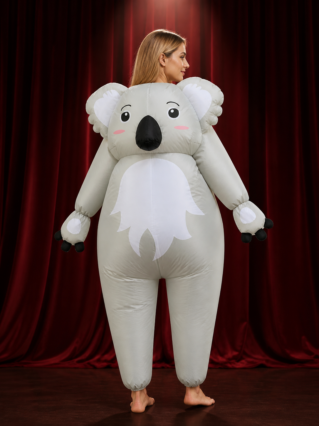 Kids Koala Costume, Gray Animal Onesie with White Belly and Black Paws back view