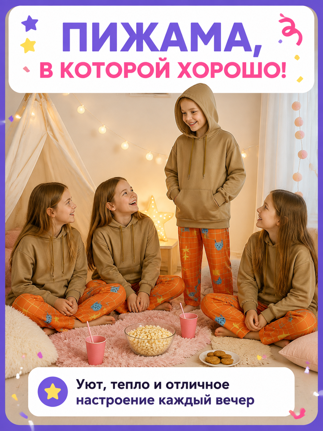 Kids' Hooded Pajama Set with Kangaroo Pocket and Print back view