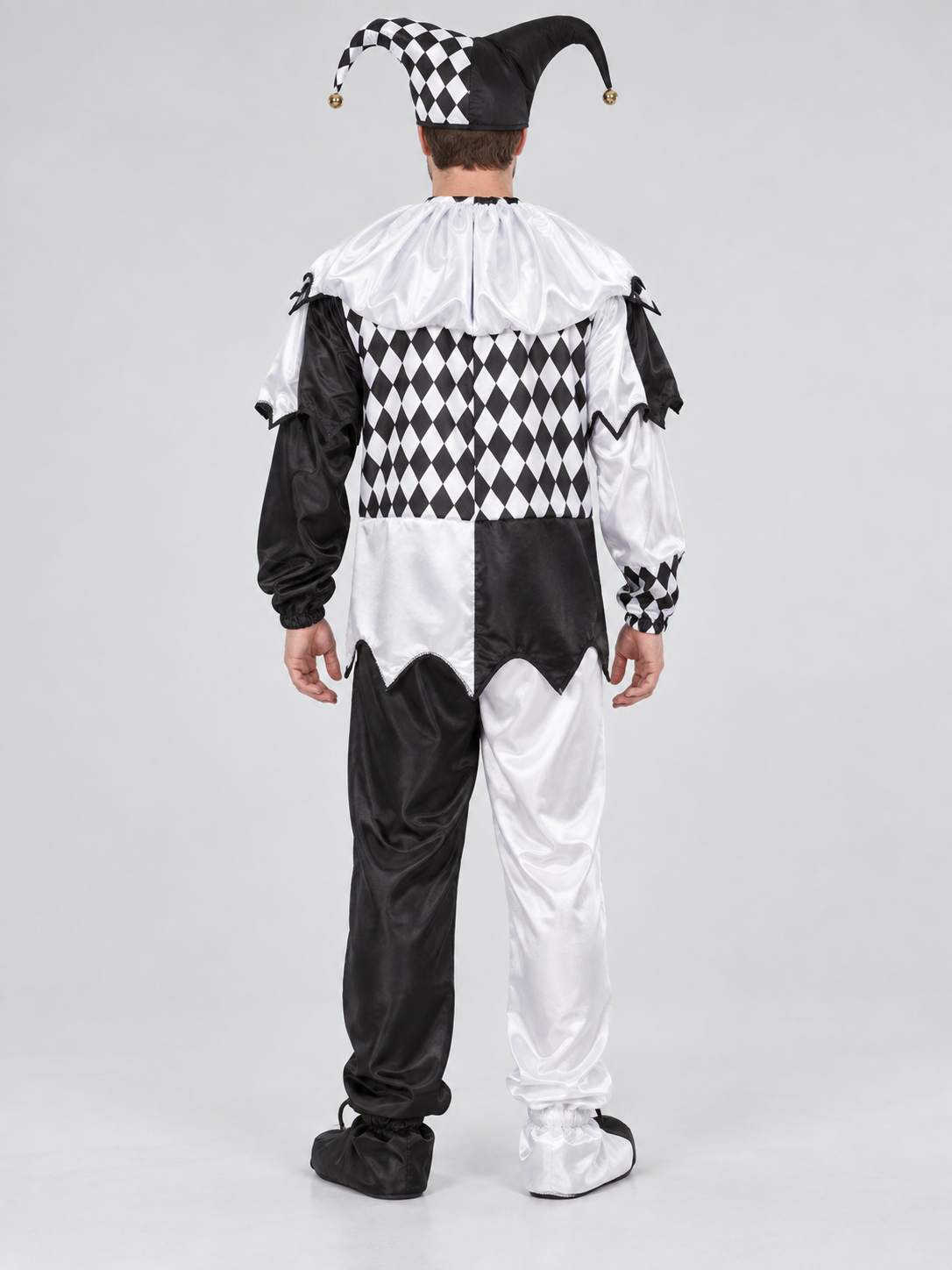 Black and White Clown Costume with Plaid Pattern and Cap