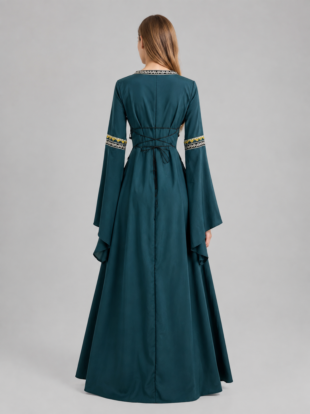 Medieval Dress with Lacing and Flared Sleeves back view