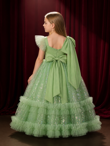 Toddler Girls' Princess Dress, Sparkly Tulle Ruffle Gown With Bow Details back view