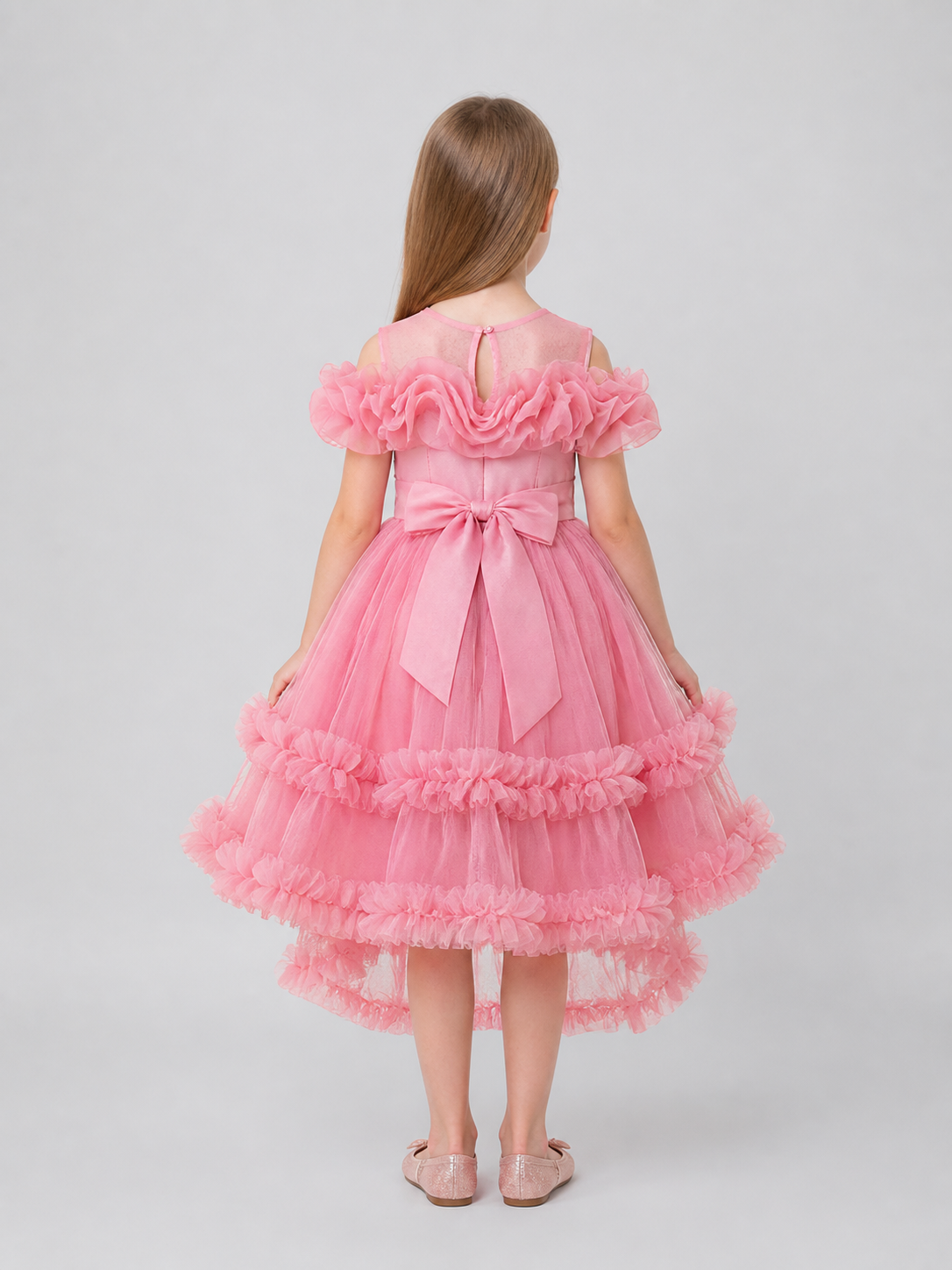Children's Pink Dress with a Full Skirt and Ruffles back view