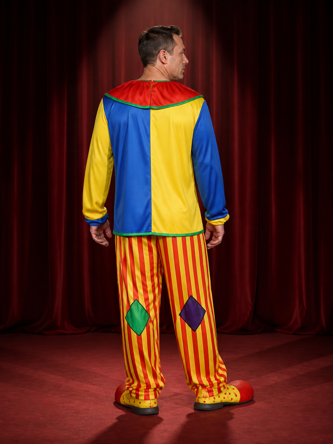 Adult Unisex Clown Costume Set, Colorful Striped Top and Pants, Circus Halloween back view