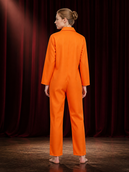 Orange Prisoner Jumpsuit Costume, Long Sleeve Collared Zipper Cosplay Outfit back view