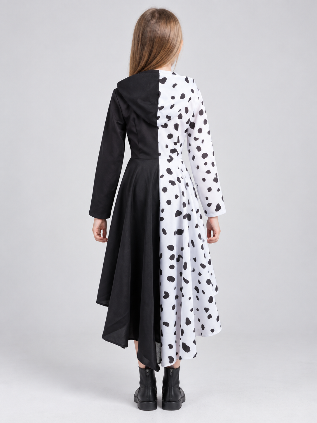 Cruella Costume Dress with a Black-and-White Pattern back view