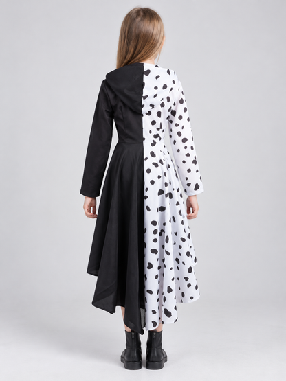 Cruella Costume Dress with a Black-and-White Pattern back view