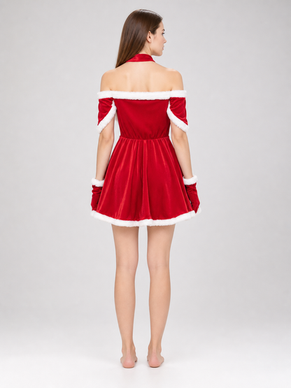 New Year's costume: red dress with cape and bow back view