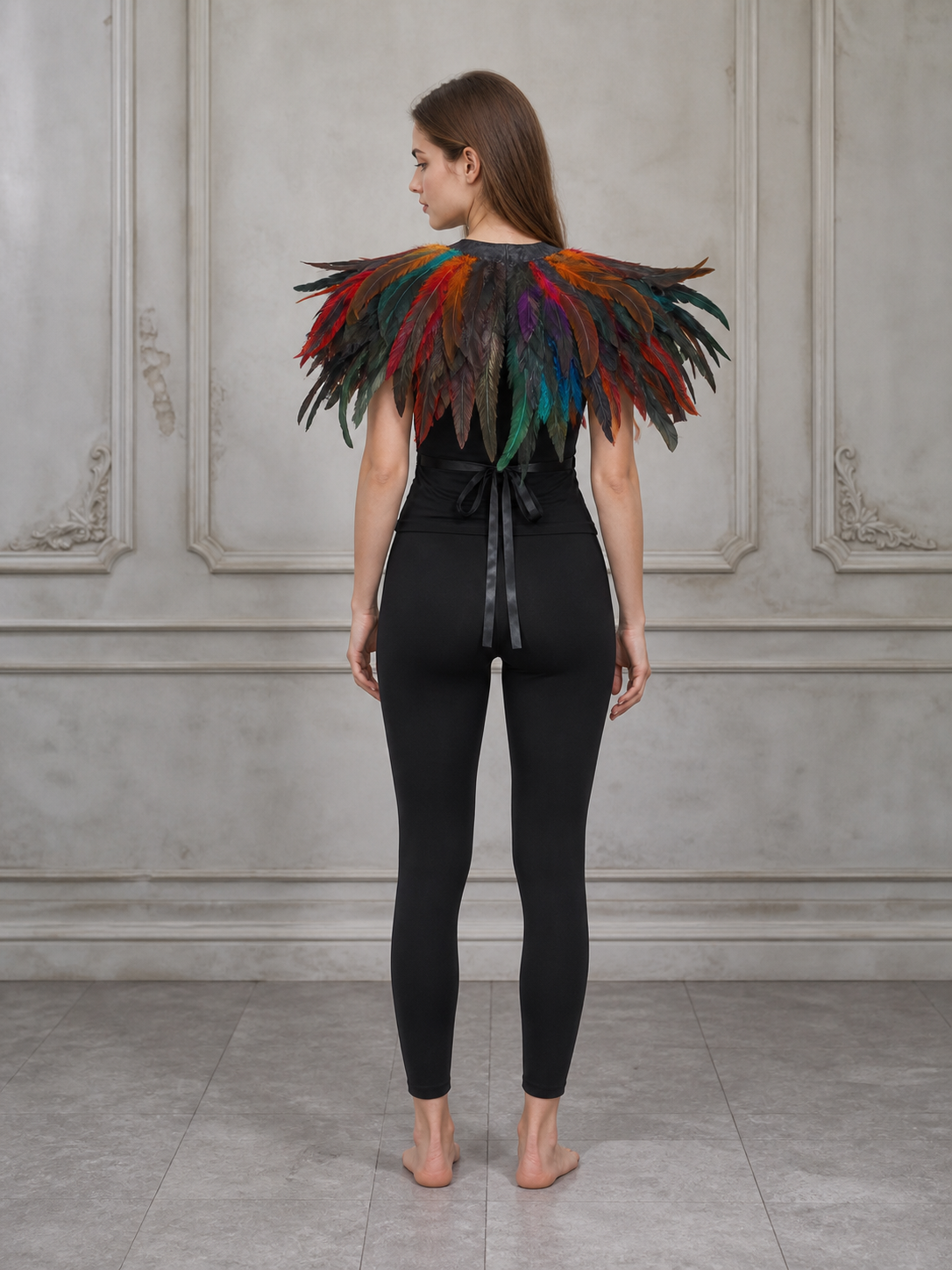 Multicolor Feather Cape Halloween Costume, 2-Layer Feather Shoulder Wrap with Black Front Tie, Cosplay Cape for Role Play Theme Party