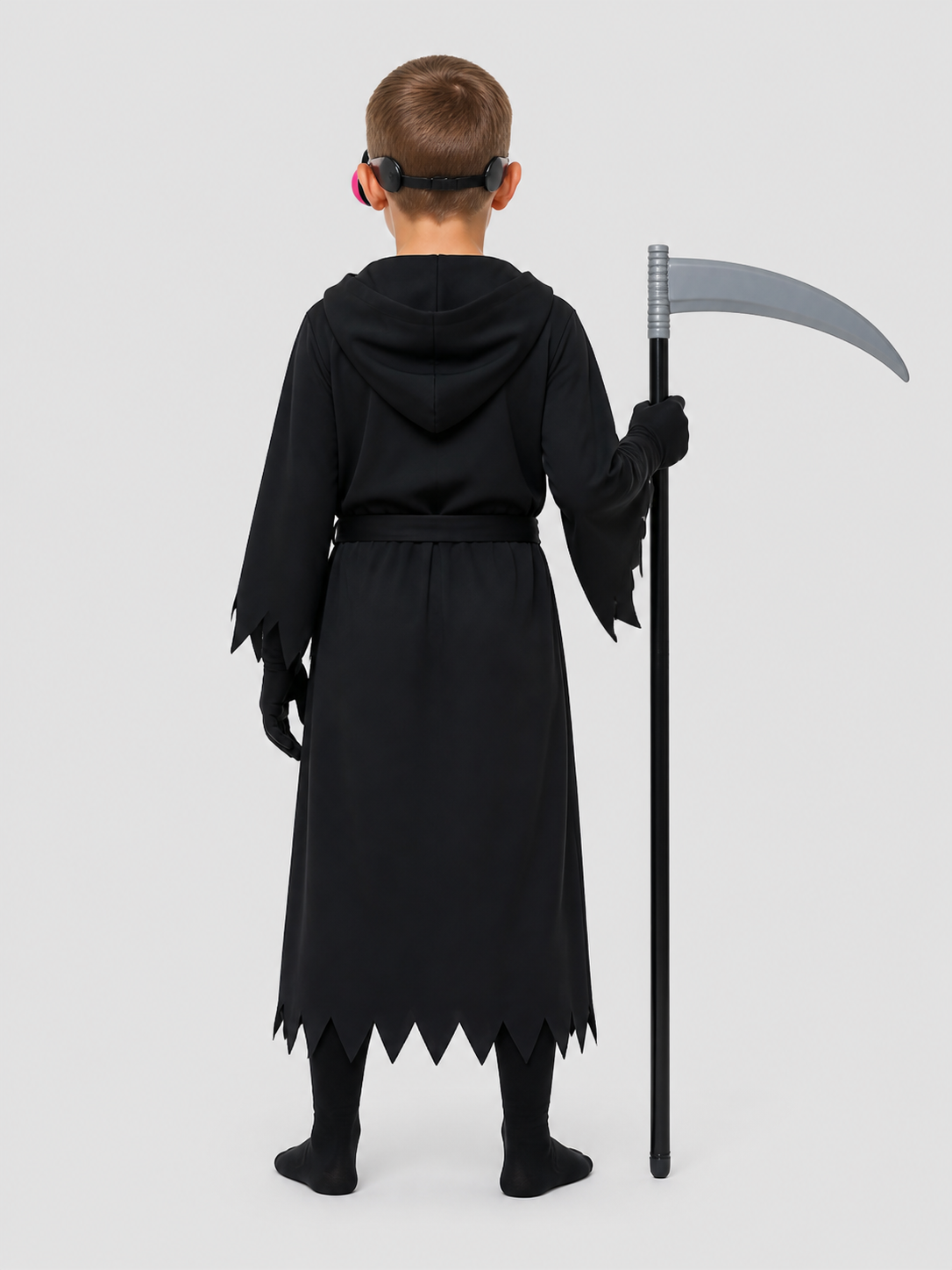 Children's Grim Reaper Costume with Scythe and Glowing Glasses back view