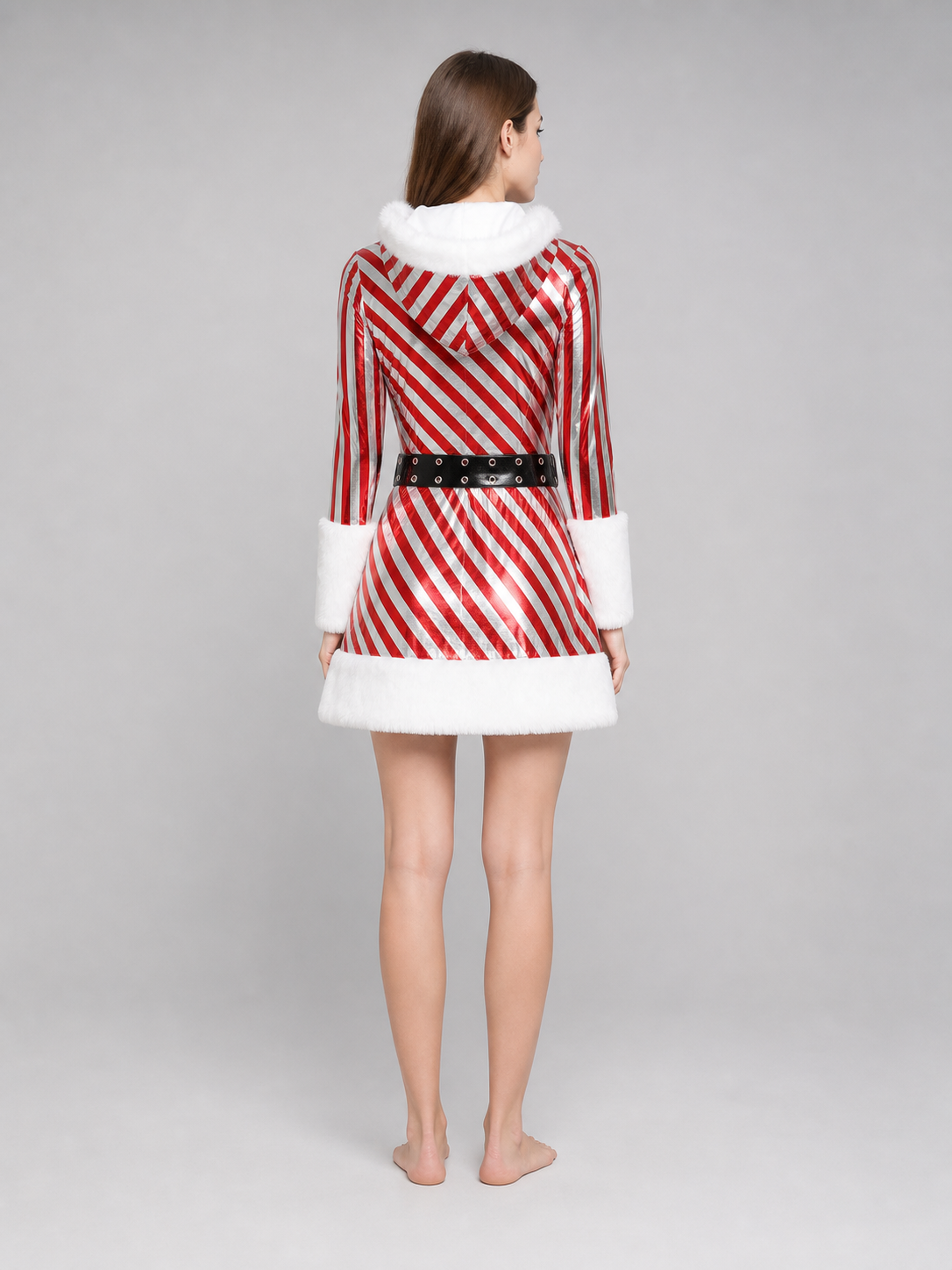 Christmas Hooded Dress with Fuzzy Trim back view