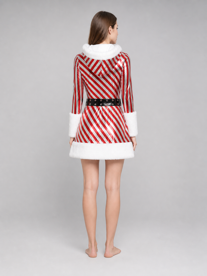 Christmas Hooded Dress with Fuzzy Trim back view