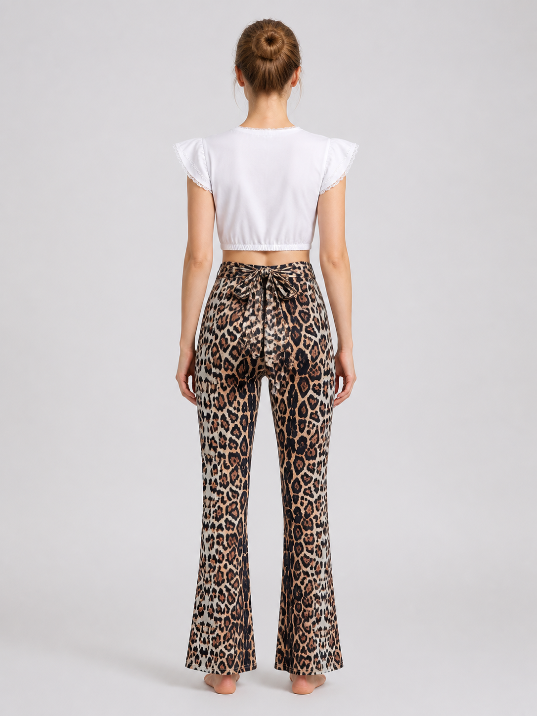 Clothing Set: White Top and Leopard Flare Pants back view
