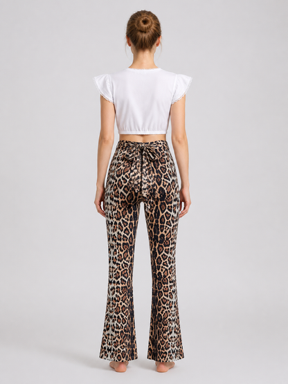 Clothing Set: White Top and Leopard Flare Pants back view