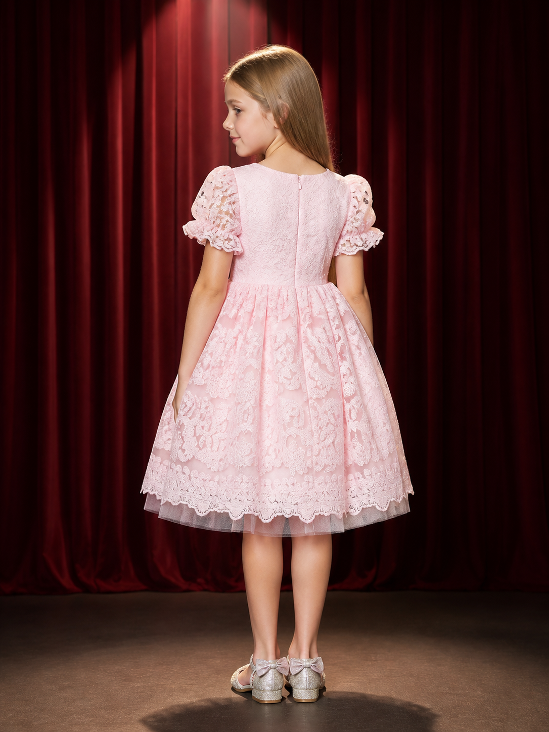 Girls' Pink Lace Princess Dress, Square Neck, Floral Pattern, Puff Skirt back view