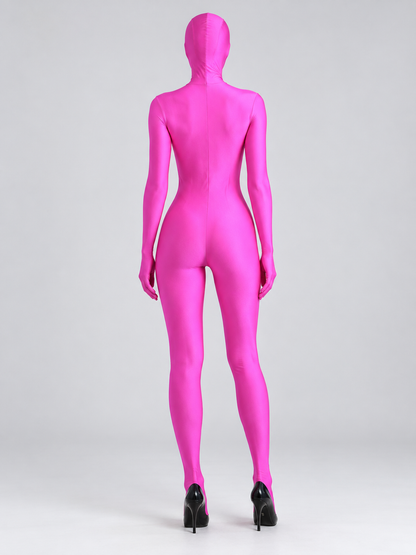 Pink form-fitting bodysuit with hood