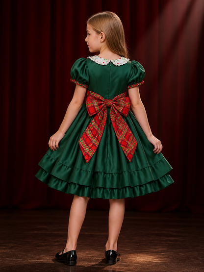Girls' Christmas Elf Dress, Dark Green Ruffled Princess Costume with Puff back view