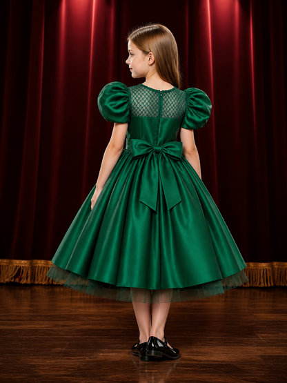 Girls' Dark Green Princess Dress with Puff Sleeves and Tulle Hem back view