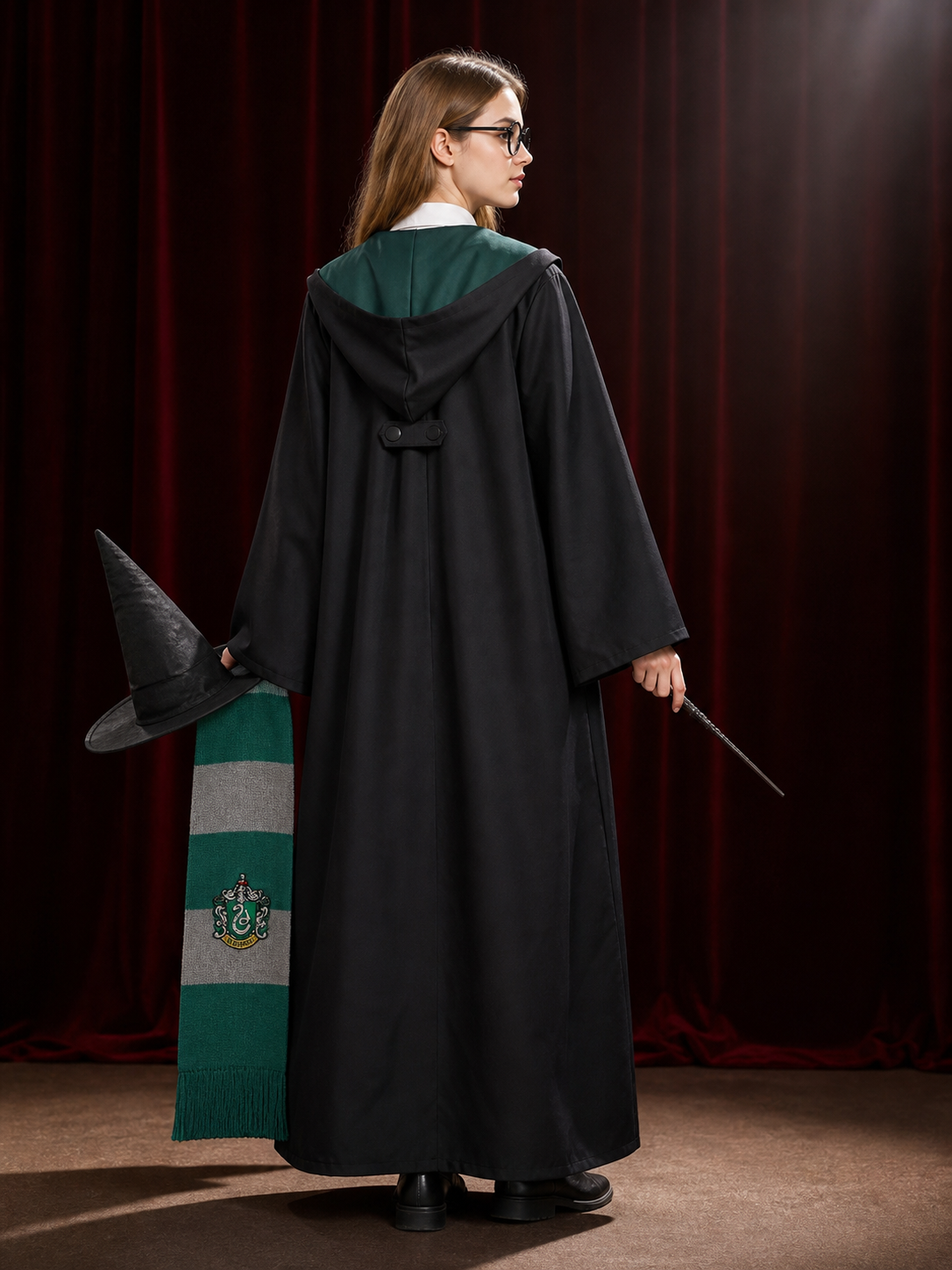 Slytherin Wizard Robe Costume Set with Tie, Scarf, Glasses, Wand, Hat & Shirt back view