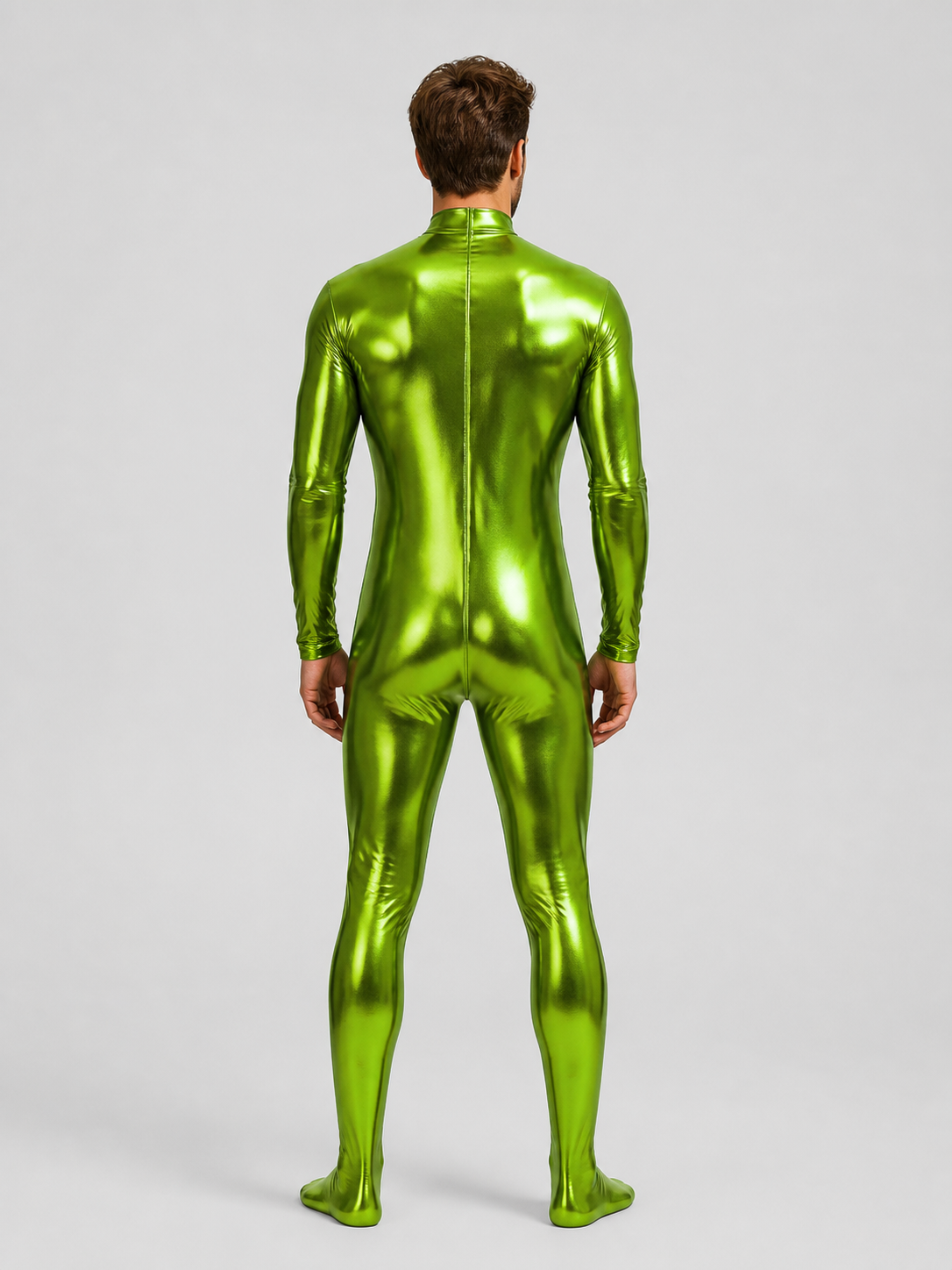Shiny Green Form-Fitting Jumpsuit with Zipper for the Stage back view